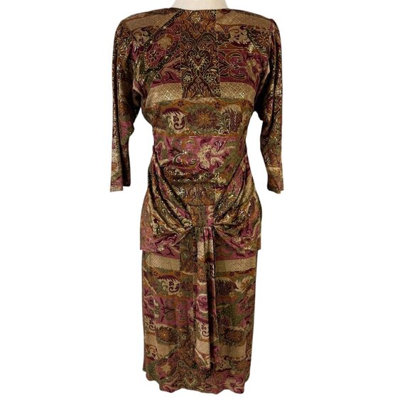 Janine Hand Painted Gold Metallic Mosaic Dress Size Medium Vintage 1980s Italy - Picture 4 of 11